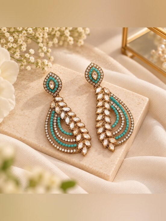 None Jewelry - Turquoise Kundan Teardrop Dangle Earrings | Gold Tone Statement Indian Earrings